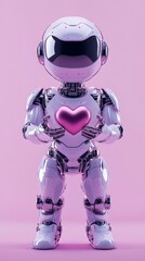 Fototapeta premium Futuristic Love Robot Holding Heart And Reaching Out On Lilac Background, With Space For Text