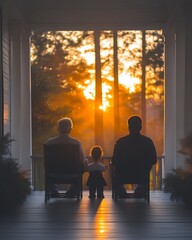 Three generations watch sunset on porch.