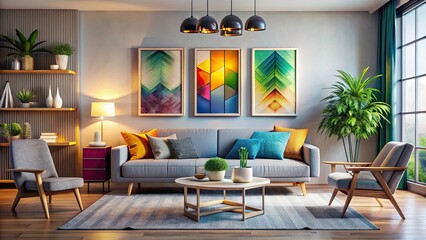 Fototapeta premium Modern Interior Design with Tilt-Shift Photography, Stylish Living Room Decor, Mockup Frame Wall Poster, Periodic Symbols, Home Aesthetics, Contemporary Style, Elegant Spaces, Interior Inspiration