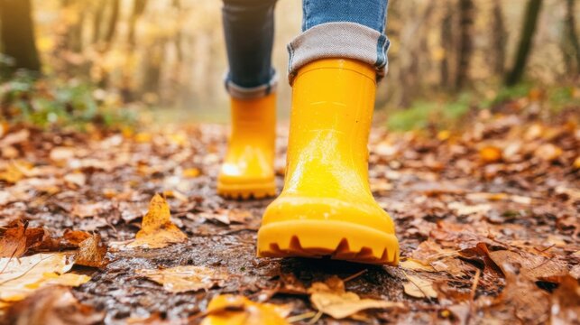 Enjoying a peaceful walk on a forest trail covered in colorful autumn leaves while wearing bright yellow rain boots
