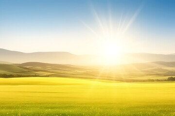 Sunny day over rolling yellow fields and distant mountains.