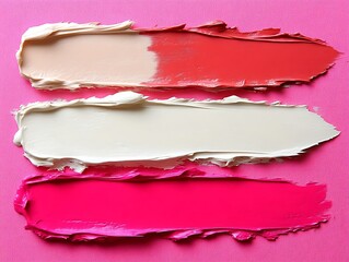 Obraz premium Three swatches of lipstick in nude, off-white, and fuchsia on pink background.