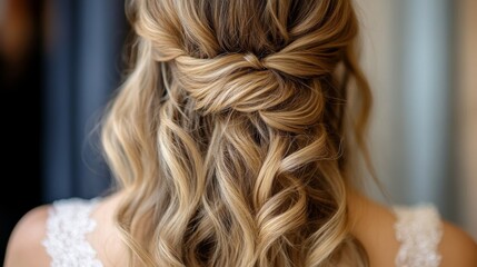 Close-up of a womans hair styled in a trendy, half-up, half-down look, with soft curls and a polished, sophisticated finish.