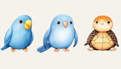 Three cartoon-style animals featuring blue birds and a turtle, showcasing playful expressions