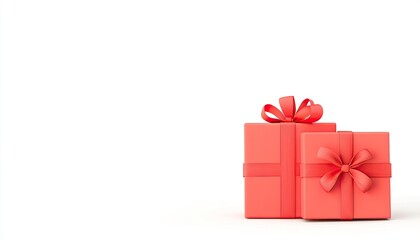 Obraz premium Two beautifully wrapped coral gift boxes with ribbons on a clean white background, ideal for celebrations
