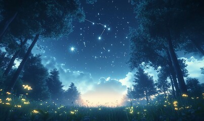 Naklejka premium Mystical forest at twilight with constellations above.