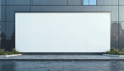 Obraz premium Large white blank banner on modern building facade.Urban advertising space, promotional campaigns, modern architecture design.Simplicity. Minimalism. Space for imagination.