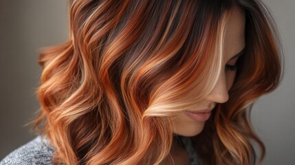 Fototapeta premium Close-up of a woman with beautifully colored hair, featuring vibrant highlights and a stylish cut, set against a neutral backdrop to emphasize the hairs richness.
