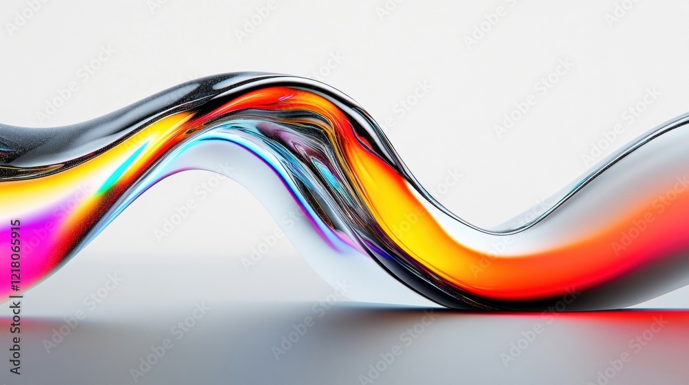 Poster curved metallic shapes blend together, displaying a striking color gradient that transitions smoothl