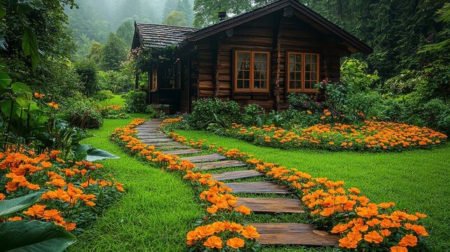 Cozy log cabin nestled in lush garden, misty mountains backdrop; ideal for real estate