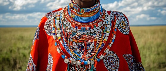 Vibrant beaded jewelry on traditional African attire.