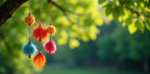 Glass furin wind chime hanging from a metal rod with natural fibers, metal rod, tree, leaves