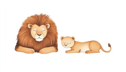 Obraz premium Illustration of a serene lion and cub resting peacefully on a plain background