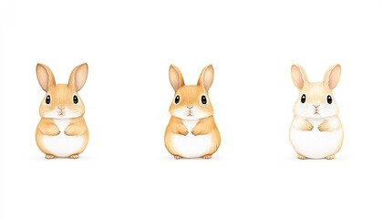 Fototapeta premium Three adorable cartoon rabbits standing in a row, showcasing different poses and expressions