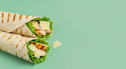 A Caesar wrap with grilled chicken romaine lettuce and parmesan cheese on a pastel green background with negative space for text or graphics, ideal for minimalistic and visually appealing designs