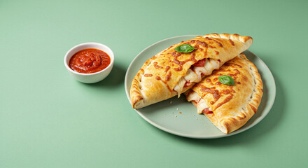 A cheesy calzone with a side of marinara sauce on a pastel green background negative space ideal for adding text or graphic elements the overall aesthetic is clean minimalistic and visually appealing