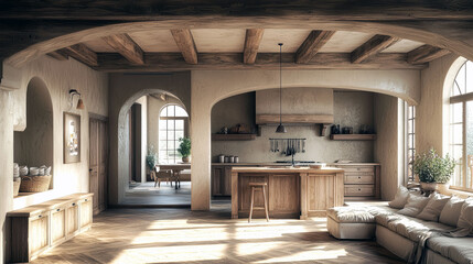 Rustic Kitchen Interior Design: Wooden Beams, Cozy Atmosphere