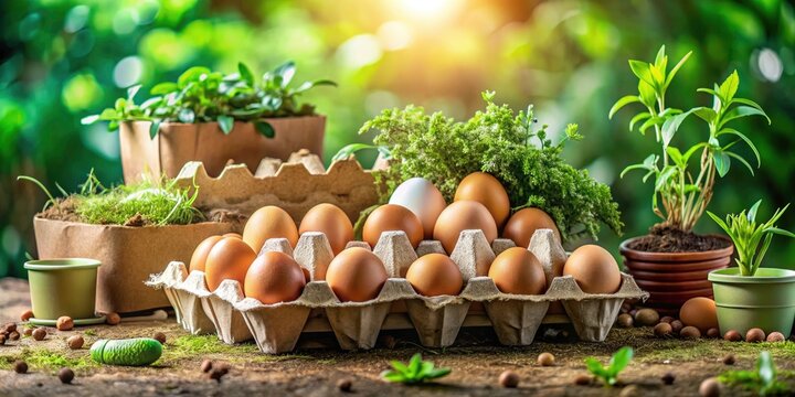 Panoramic View of a Creative Eierkarton Display in Nature with Organic Eggs, Eco-friendly Packaging, and Textures of Cardboard and Natural Light for Sustainable Living Concepts
