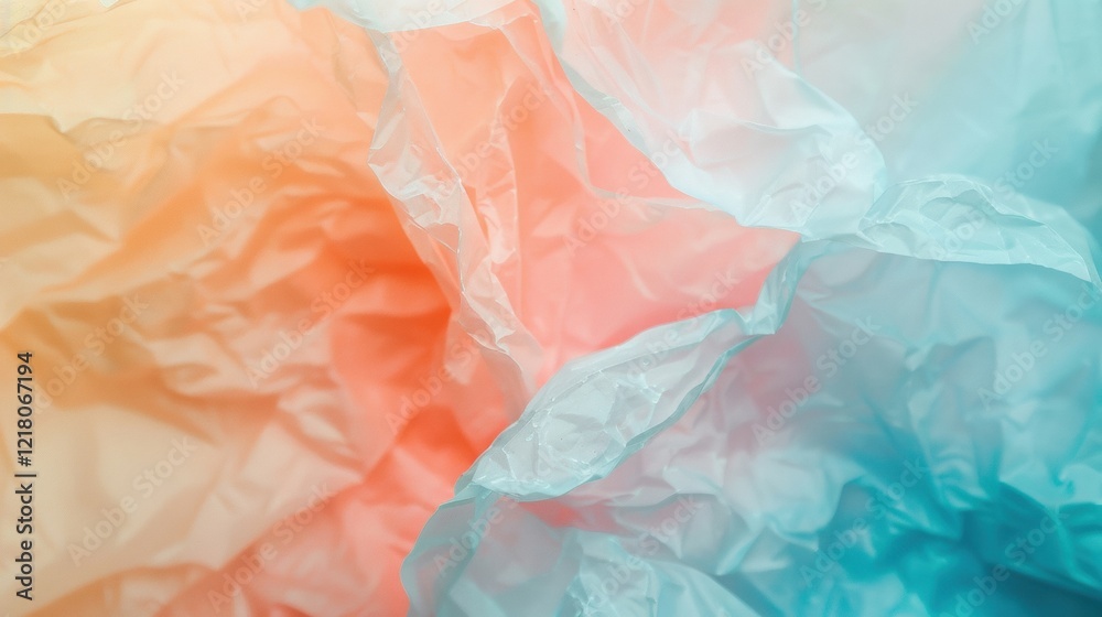 Poster layers of crumpled transparent plastic create a delicate interplay of soft hues, capturing light and