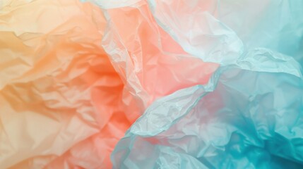 Fototapeta premium Layers of crumpled transparent plastic create a delicate interplay of soft hues, capturing light and shadow in captivating patterns