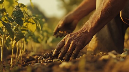 Close up of Farmer's hands is cultivating soybean