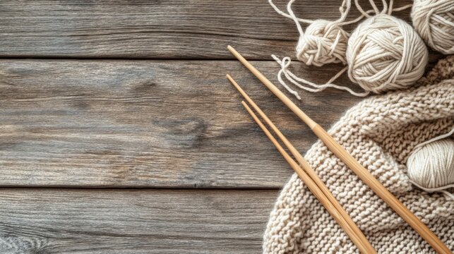 Knitting supplies on a wooden table. Featuring yarn, knitting needles, and a knitted piece. Highlighting the craft of knitting. Ideal for DIY craft blogs.
