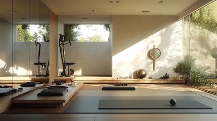 Modern home gym setup with sleek equipment with natural light through large window