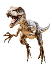 Naklejka premium Leaping dinosaur, prehistoric predator, white background, jungle backdrop, kids book illustration