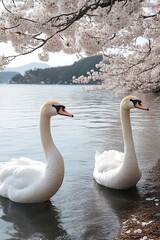 Obraz premium Two swans on calm lake under cherry blossoms.
