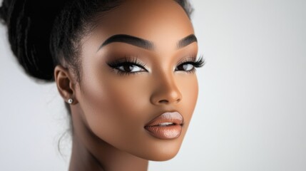 Fototapeta premium Detailed shot of a woman with perfect makeup application, including defined brows, radiant foundation, and glossy lips, emphasizing her polished beauty.