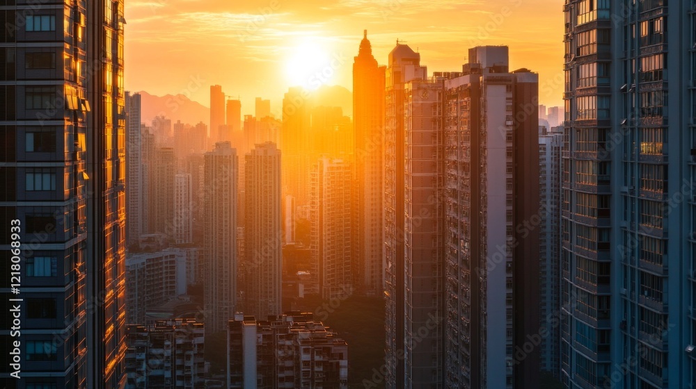 Leinwandbilder detailed shot of the sun setting behind a cluster of high-rise buildings, with the suns rays spillin