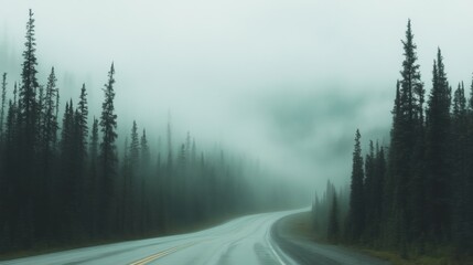 Naklejka premium A truck travels along a winding highway surrounded by fog-laden trees and a mysterious atmosphere during a cloudy day