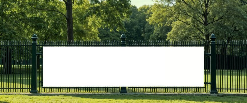 Black metal fence with blank white banner in park setting. Outdoor advertising, public announcements, blank banner design, event promotion. Security. Simplicity. Communication.


