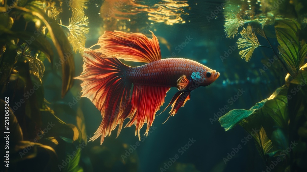 Poster detailed view of a majestic betta fish with a full display of its colorful fins and dynamic posture,