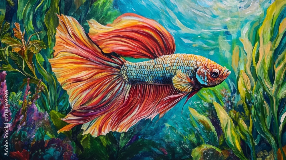 Poster detailed view of a majestic betta fish with a full display of its colorful fins and dynamic posture,
