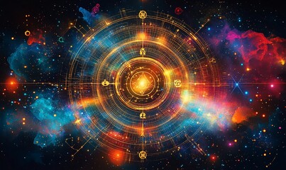 Obraz premium Abstract cosmic clockwork design with swirling nebulae and celestial symbols.