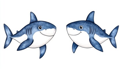 Obraz premium Two cartoon sharks swimming playfully, showcasing their cheerful expressions against a simple background