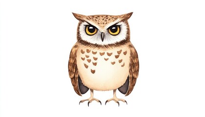 Fototapeta premium A detailed illustration of a majestic owl standing upright, showcasing its striking features and feathers, set against a plain background, perfect for educational materials or wildlife art