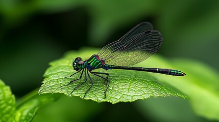 Vibrant dragonfly perched on a green leaf, surrounded by lush foliage in a serene natural setting