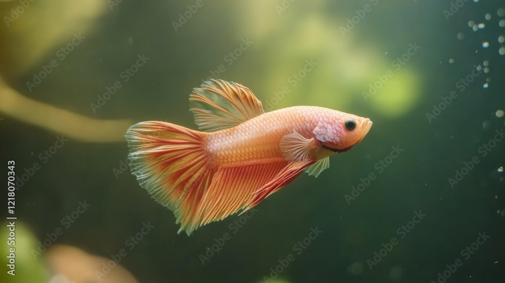 Poster High-definition shot of a Betta fish showcasing its unique fin patterns and vibrant colors, with gentle ripples in the water adding to the serene atmosphere.