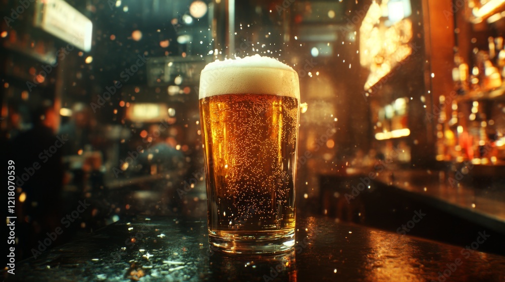 Poster high-definition shot of a glass of beer with a frothy head and a few bubbles rising, captured agains