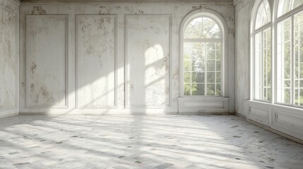 Obraz premium Sunlight pours through tall, arched windows onto the pristine floor of an elegant, empty room. The space is peaceful and inviting