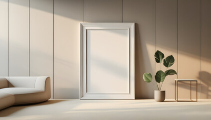 wooden picture frame mounted on the floor mock up design copy space home interior