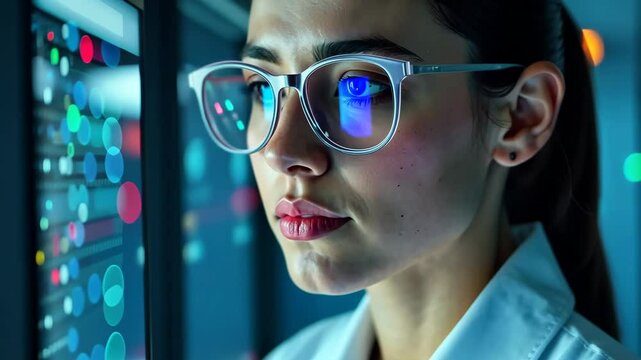 AI engineering. A female engineer, uses artificial intelligence, and her head is visible in close-up. A woman with glasses. The glasses reflect bright multicolored stripes and dots like in a mirror.