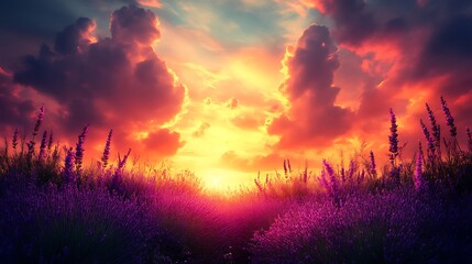 Vibrant Sunset Over Lavender Field Landscape