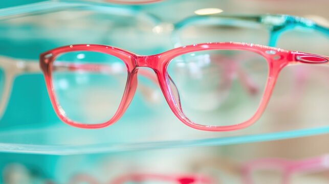 Clear eyeglasses featuring vibrant red frames displayed prominently in a well-lit optical store, inviting customers to explore styles - Powered by Adobe