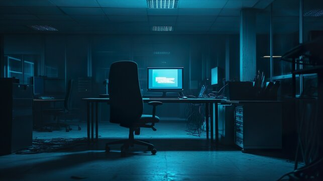 An empty office space is seen in a dim, blue light, with computer monitors and a sense of abandonment, suggesting a scene of a cyberattack or breach. - Powered by Adobe