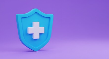 Fototapeta premium 3d Shield with a cross icon symbol on isolated purple background. Protection of health from diseases . Healthcare security insurance medical concept. 3d Minimal insurance blue shield icon. 3d render