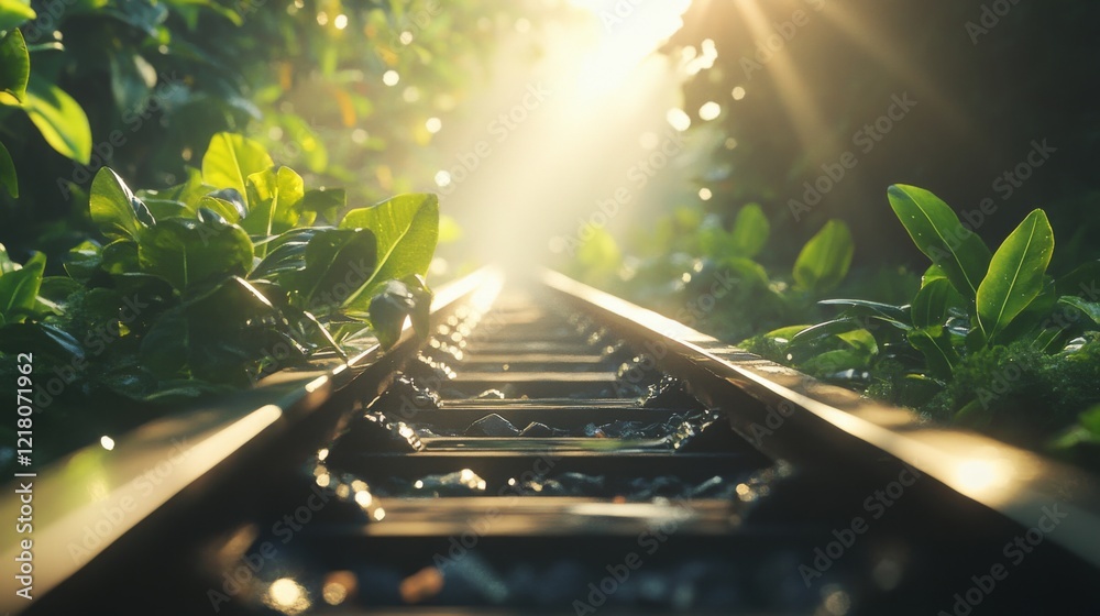 Poster high-resolution close-up of railway tracks with sunlight glinting off the metal rails, set against a