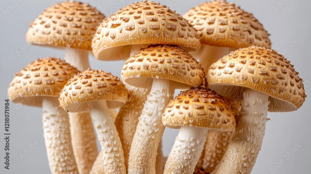 Poster High-resolution close-up of shiitake mushrooms with a focus on the fine details of their gills and the glossy surface of their caps.